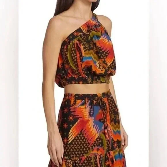 Farm Rio One Shoulder Crop Top Blouse Women Size S Linen - Picture 2 of 13